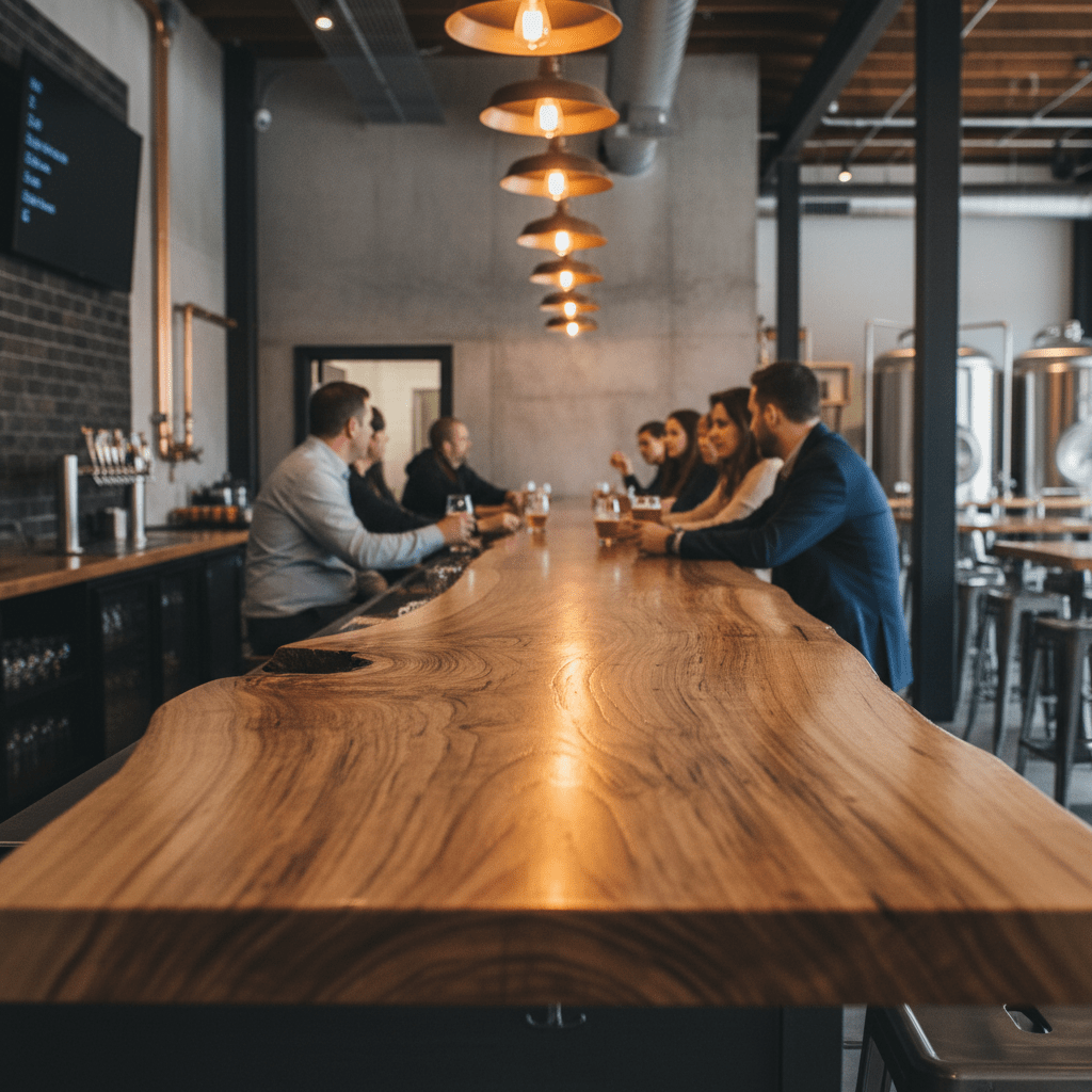 Extra-long wooden bar top with live edge, installed in a modern brewery.