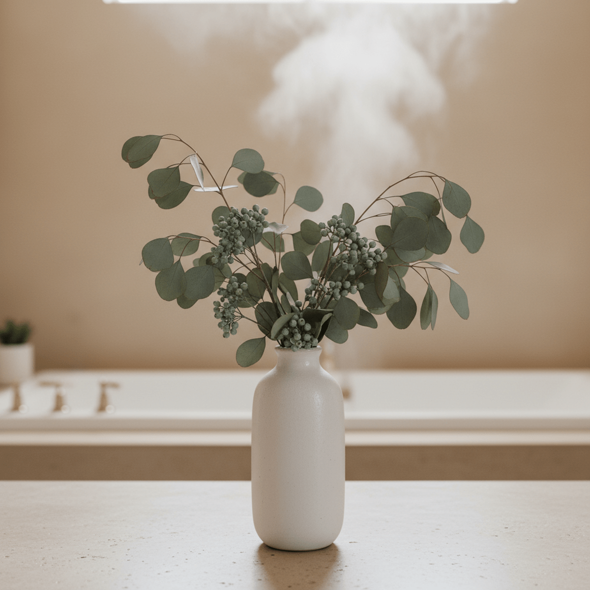 Ceramic vase with dried eucalyptus on a minimalist bathroom counter with steam.