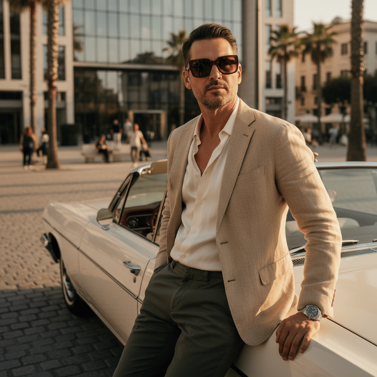 Stylish man in blazer and burgundy sunglasses leans on vintage car in sunlit plaza.