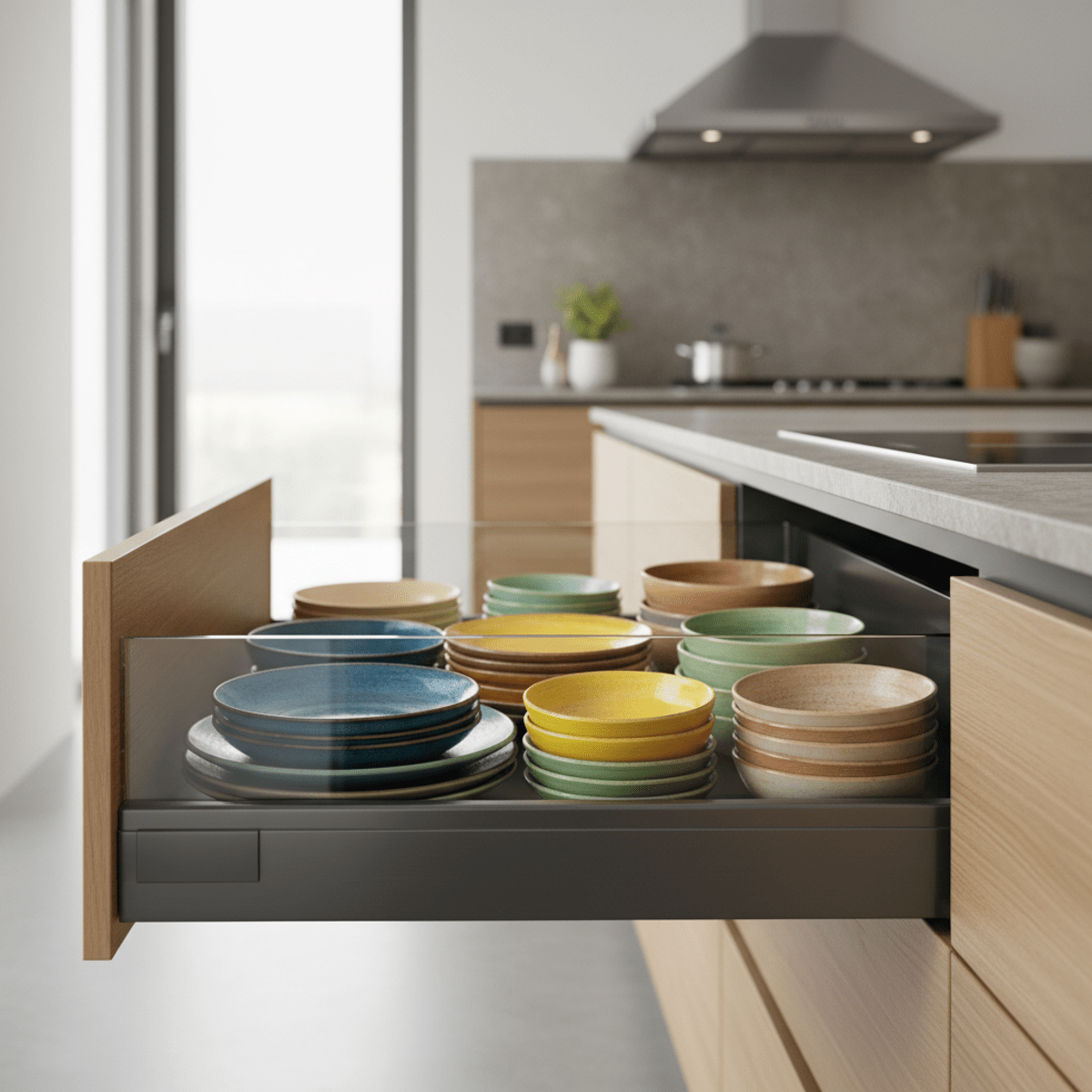 Neatly stacked colorful ceramic plates and bowls in a sleek modern kitchen drawer system.