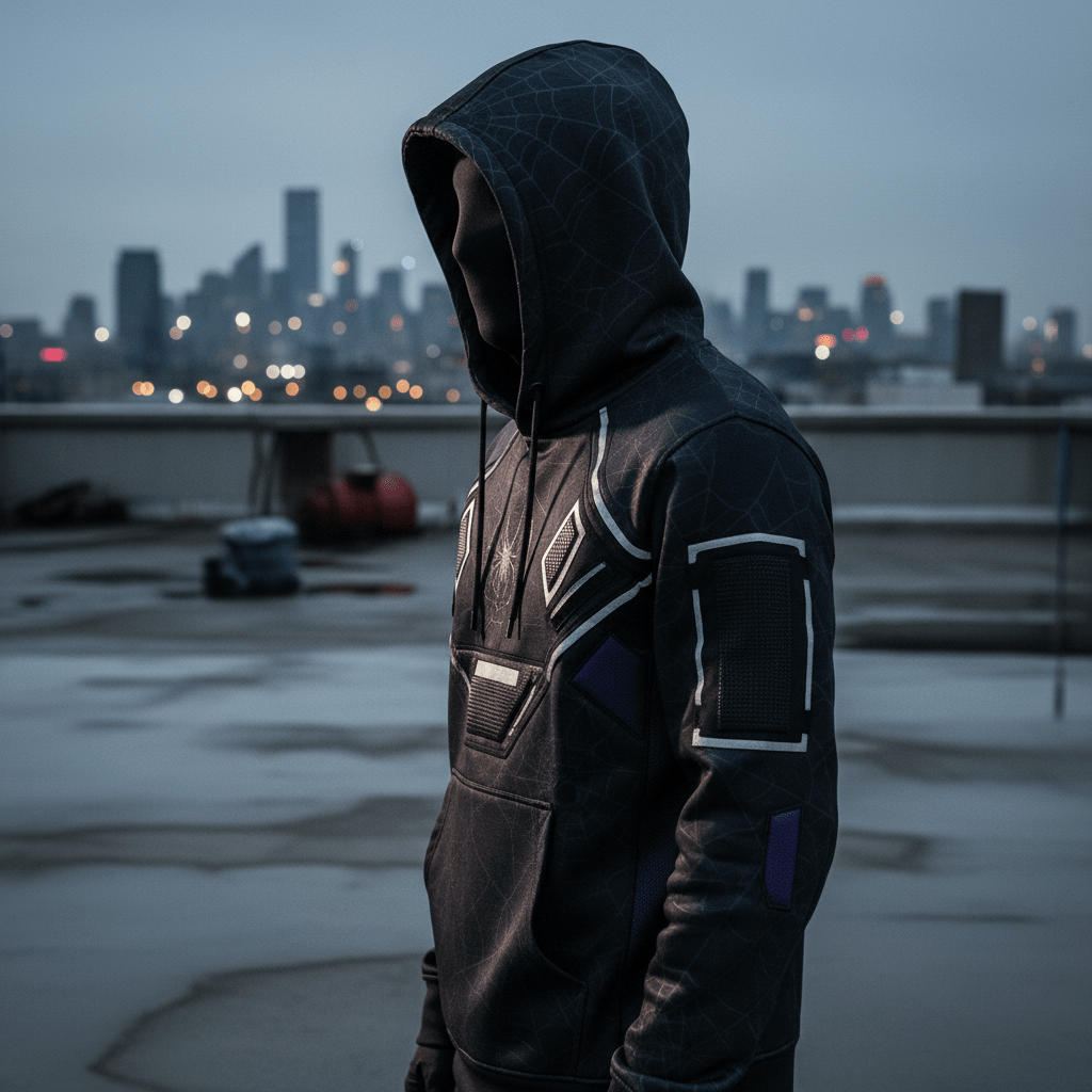 Cyber-goth hoodie with subtle spiderweb pattern on an urban rooftop.