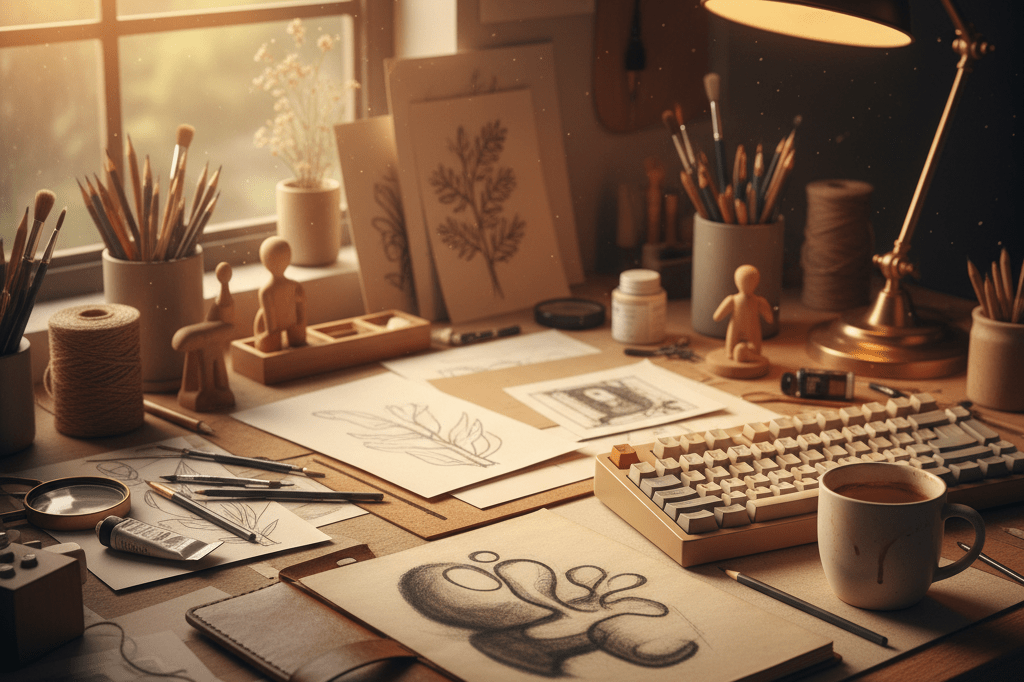 Cluttered desk with hand-drawn sketches and analog tools lit by warm natural light