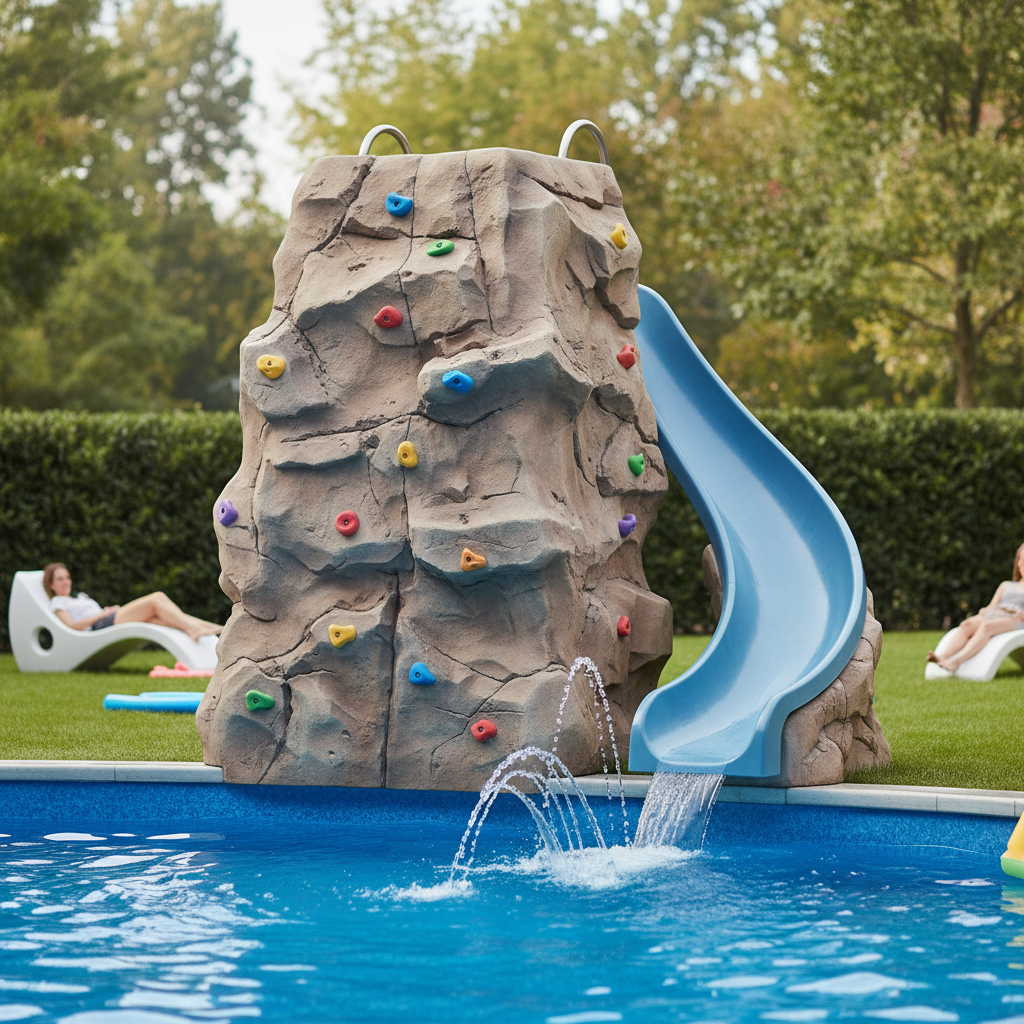 Above ground pool slide integrated with a realistic rock wall climb and slide.