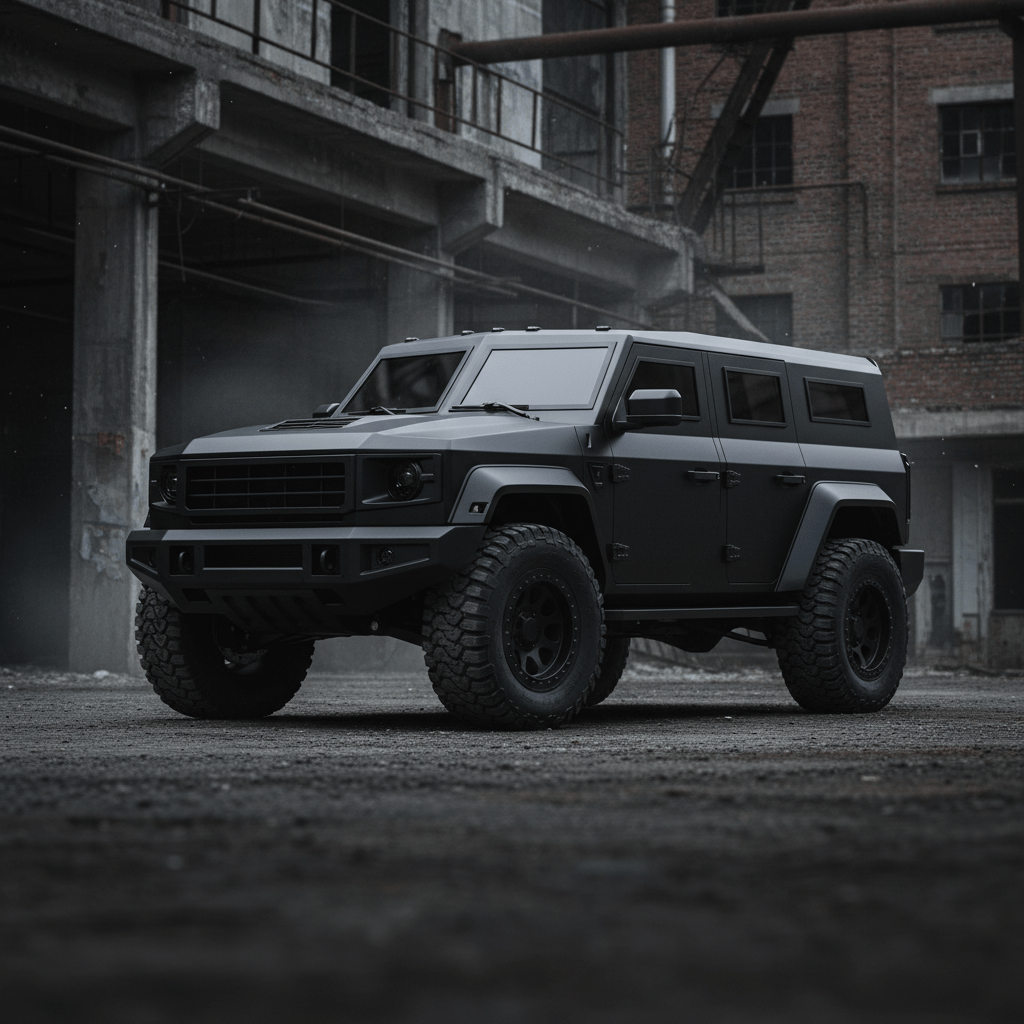 Massive satin black SUV with all-terrain tires on rugged urban-industrial backdrop.