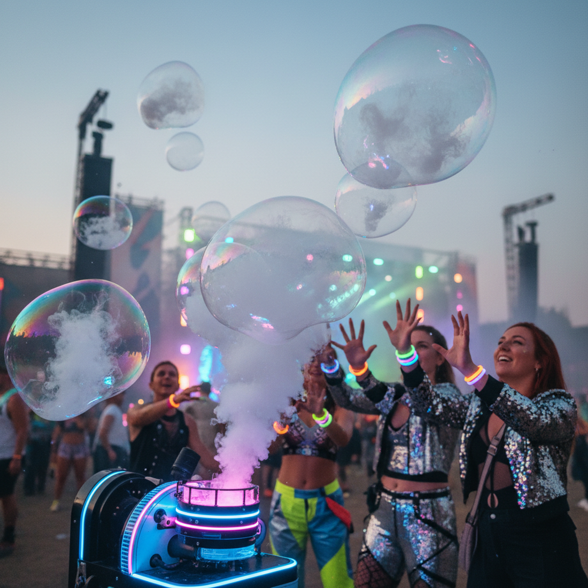 Oversized fog bubbles drift upwards at a vibrant music festival with glowing bracelets.