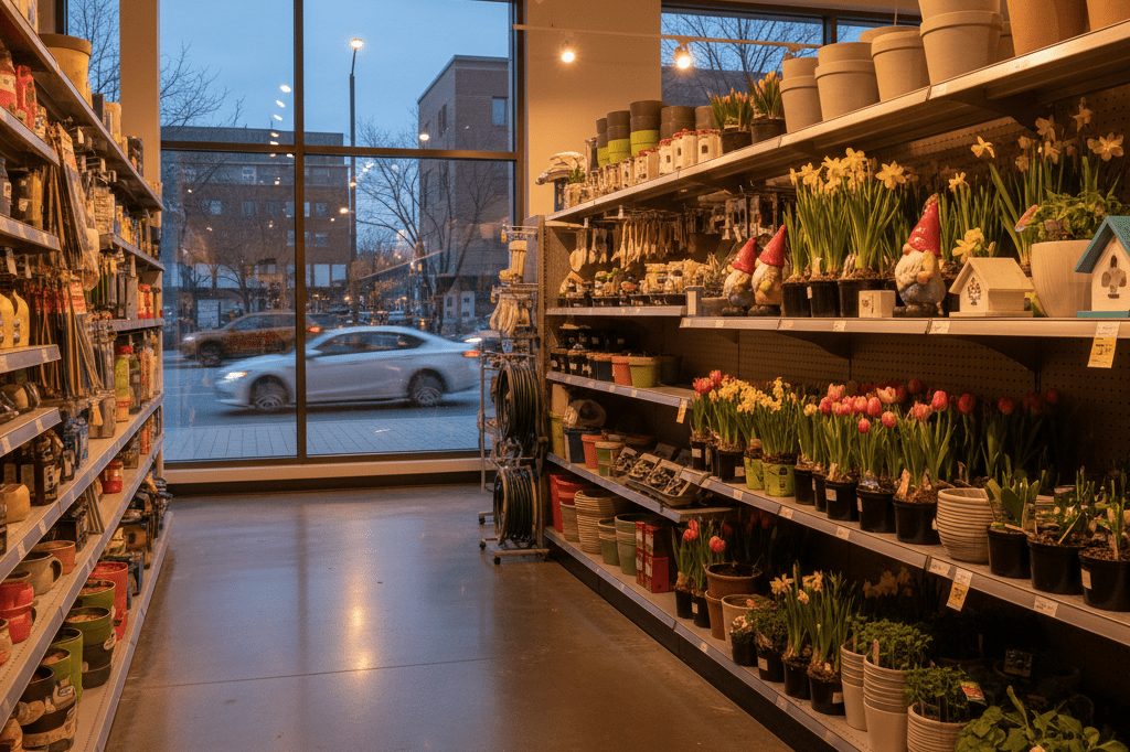 Spring garden merchandise in retail aisle lit by dusk and lamps, ready for evening shopping rush