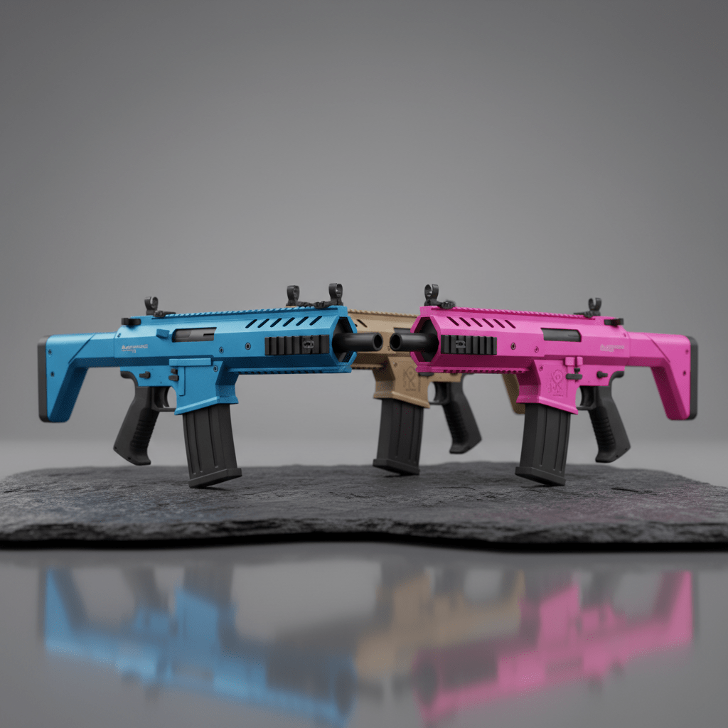 Modern BB guns showcase vibrant personalization options. Sleek modern BB guns in electric blue, desert tan, and pink on a dark textured surface.