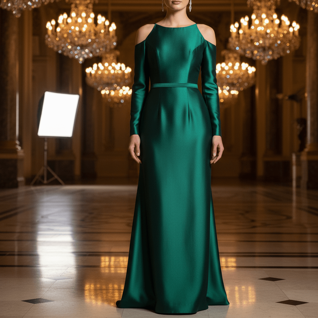 Luxurious emerald green silk satin column dress with elegant shoulder cutouts.