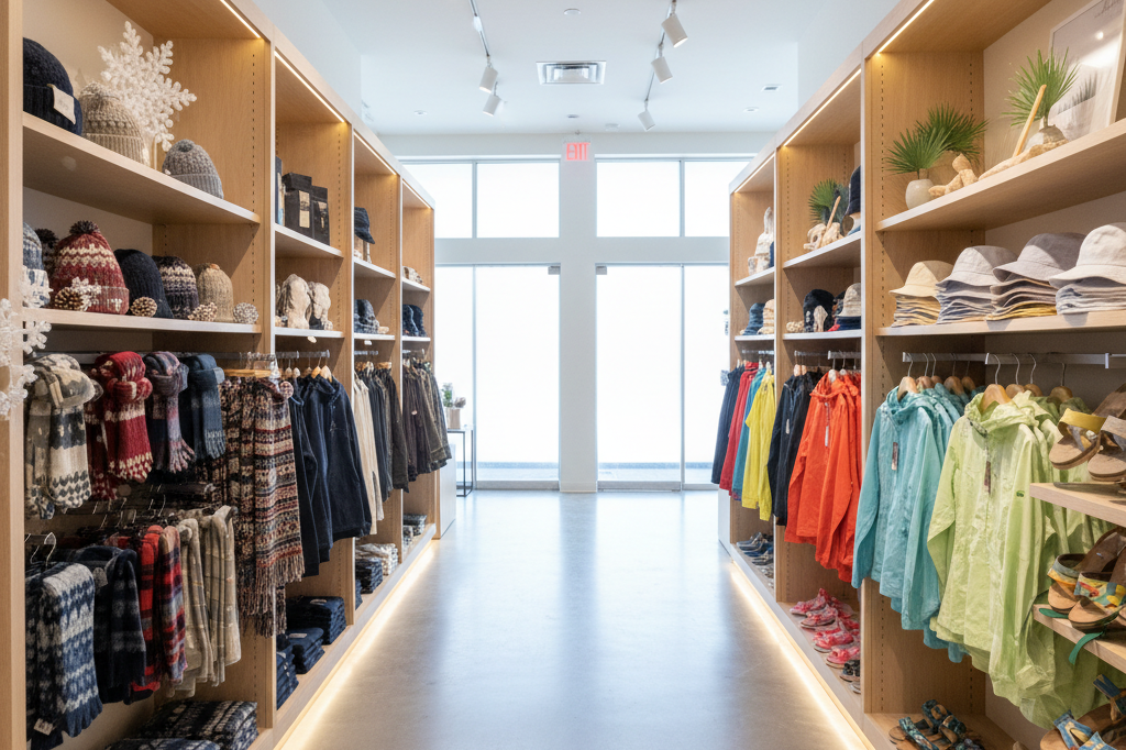Shelves displaying seasonal products arranged by regional weather forecasts under natural lighting, highlighting data-driven merchandising strategies