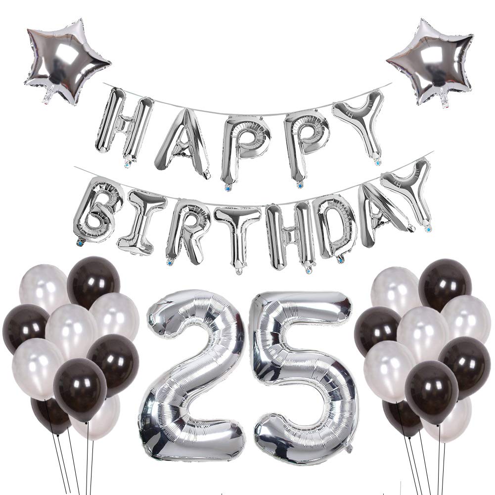 Silver 25th Birthday Decorations Kit - Number Balloons, Banner & Confetti Balloons For Party