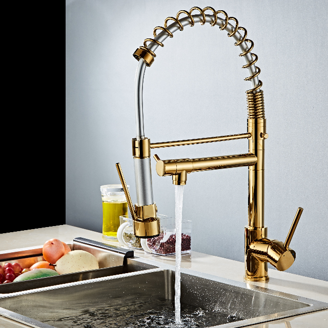 Золотистый кухонный кран нового дизайна с одной ручкой, выдвижной тип 2, Поворот на 360 градусов, двойная ручка, одно отверстие, 3 года