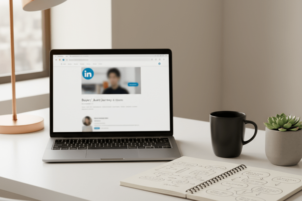 Medium shot of a tidy home office desk with laptop, notebook, and plant, symbolizing authentic personal branding for B2B sellers