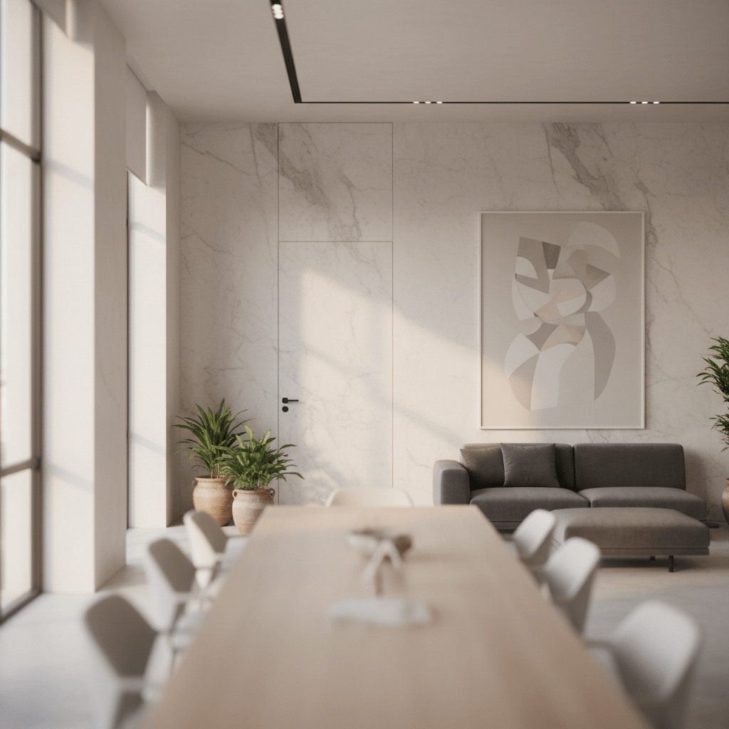 Serene office with matte marble walls in soft white and greige hues.