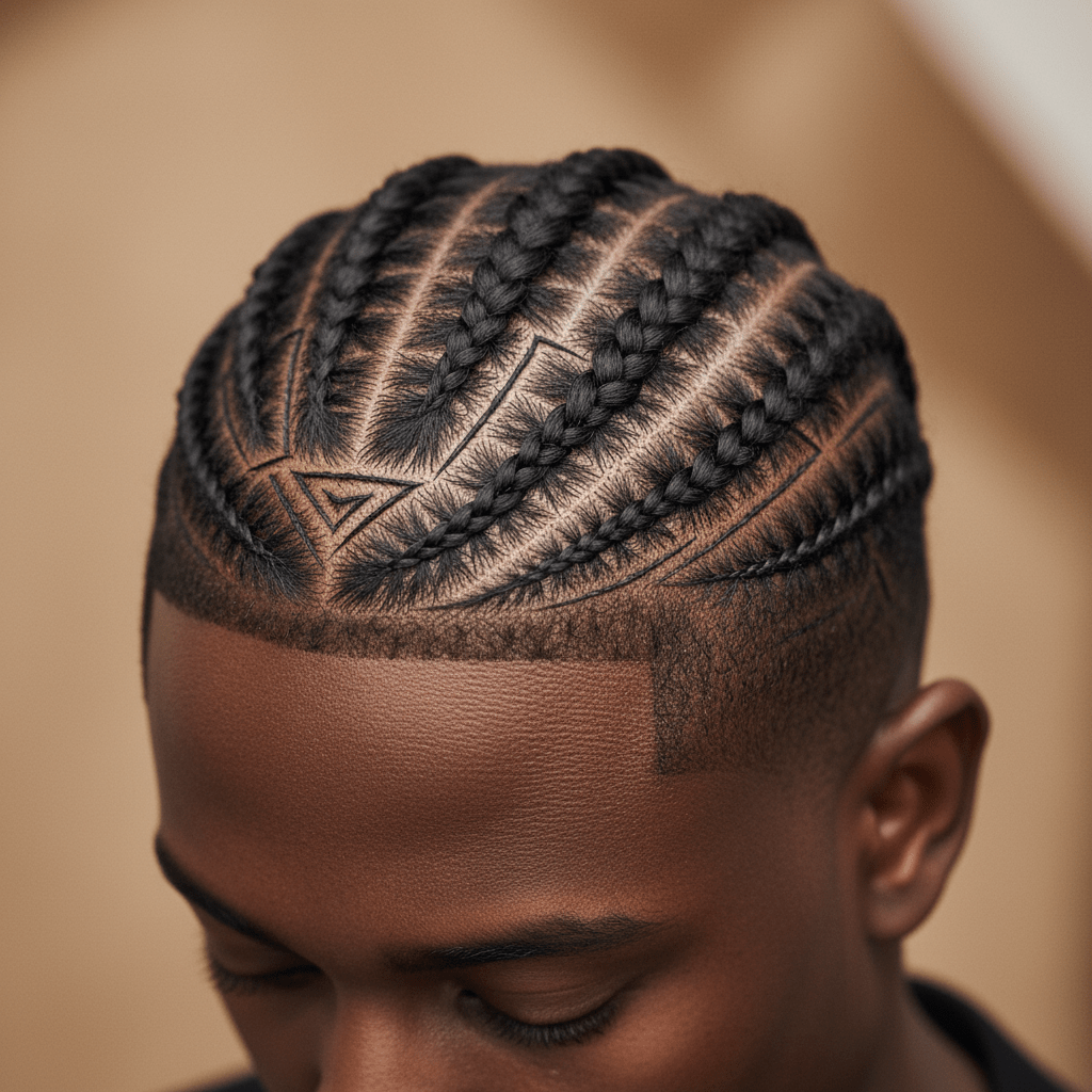 Close-up of a Black man's intricate fuse braids with lightning and wave patterns.