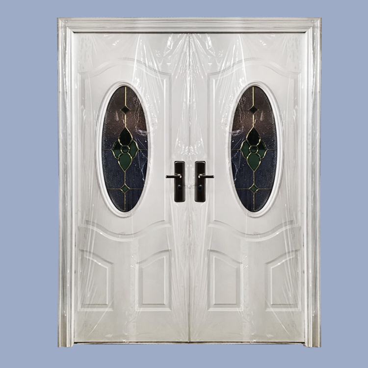 Moderno exterior arqueada doble entrada de hierro entrada principal de acero oval vidrieras de templado de vidrio de entrada puerta de entrada Puertas de Diseño