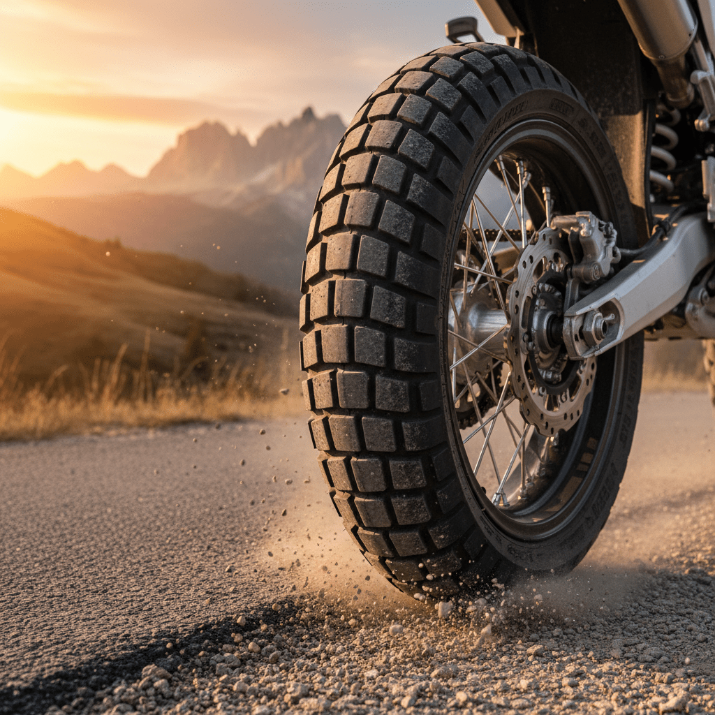 Supermoto tire transitions from asphalt to gravel, showing aggressive tread and dust.
