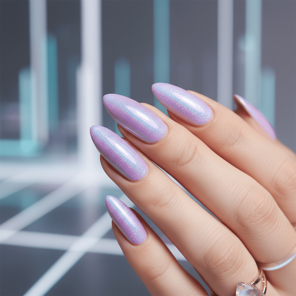 Close-up of futuristic holographic lavender nails with light-refracting shimmer.