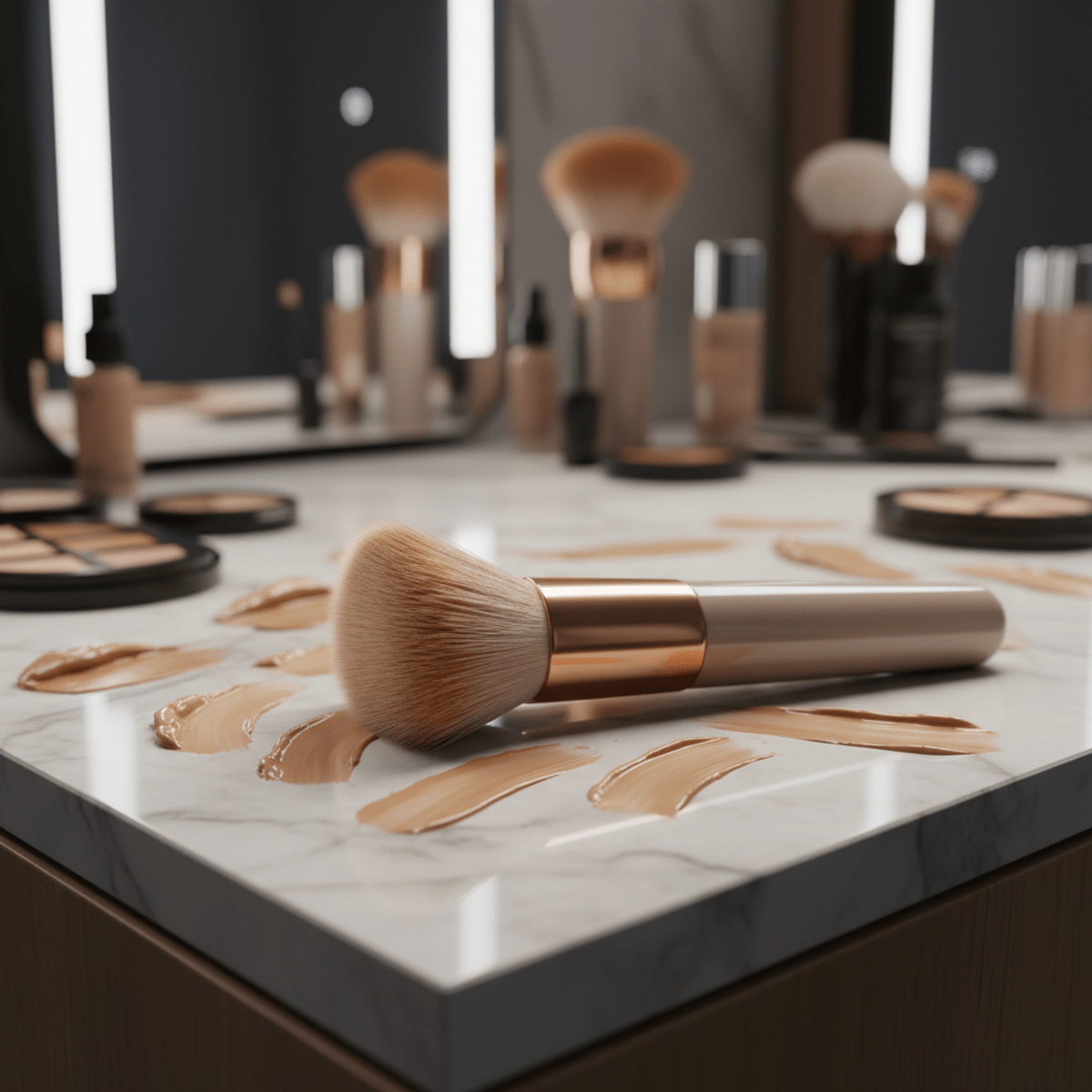 Flame-shaped bronzer brush with gradient bristles on marble with cream bronzer.