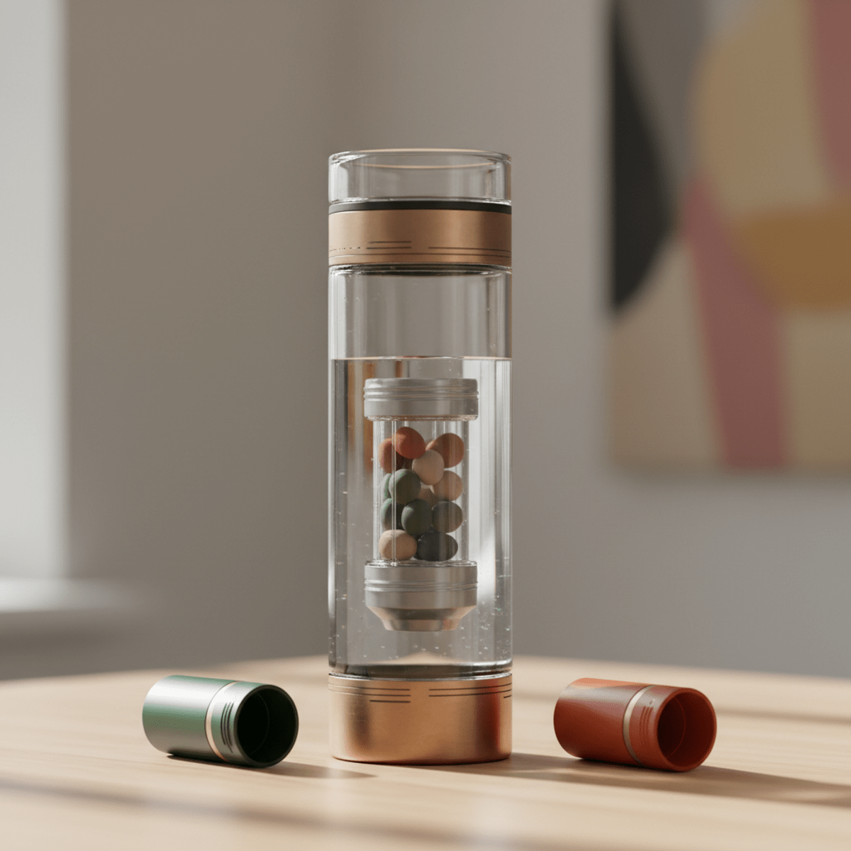 Sleek borosilicate glass water bottle with refillable cartridge and metal accents.