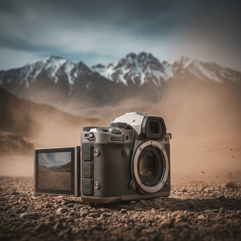 Durable budget camera on desert terrain, showcasing its magnesium alloy body and rugged design.