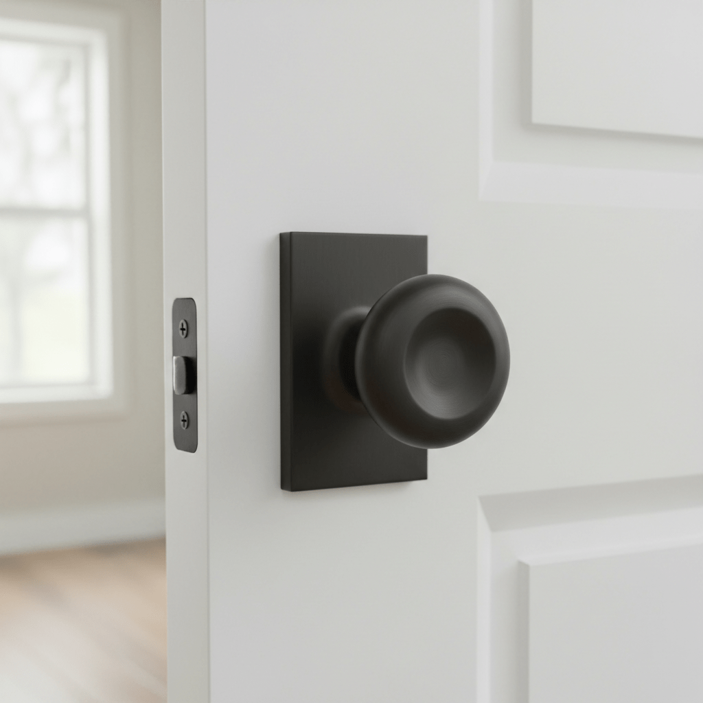 Matte black round knob on white shaker door, modern farmhouse style.