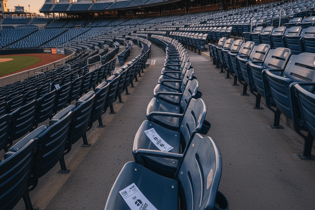 Empty Yankee Stadium seating lit by evening glow Wide view of vacant stadium seats with ticket stubs under natural evening light, highlighting event atmosphere