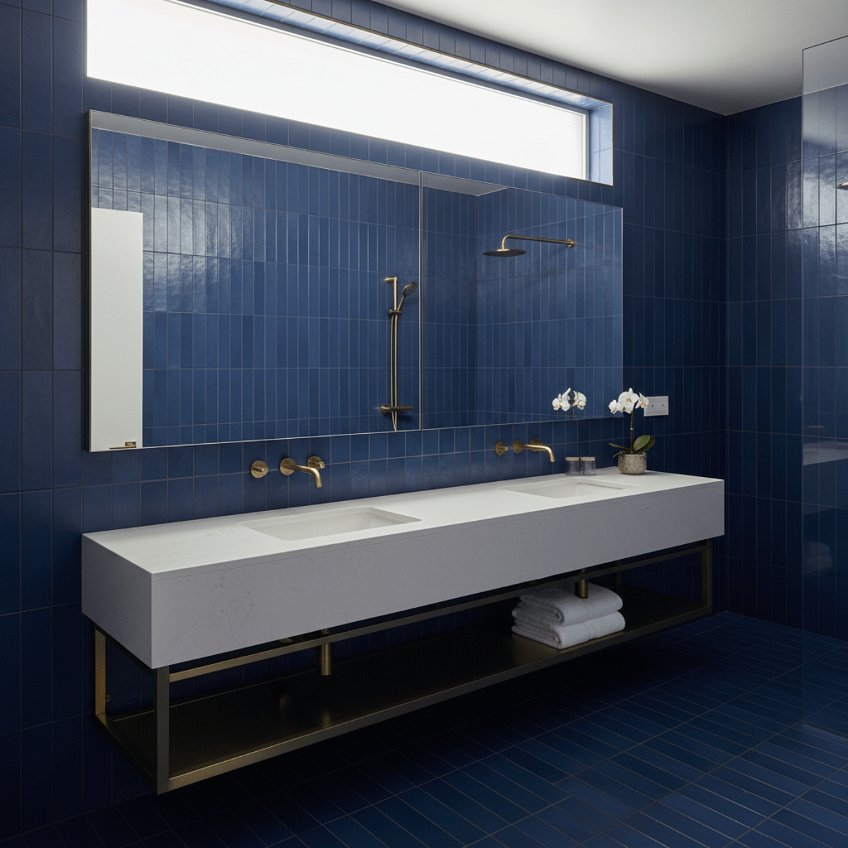 Luxurious spa bathroom with midnight blue tiles, floating quartz vanity, and brass fixtures.