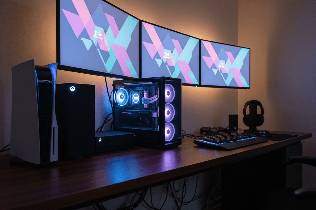 Wide-angle view of sleek gaming desk with PS5, Xbox Series X, and PC under ambient light, symbolizing coordinated multi-platform strategies