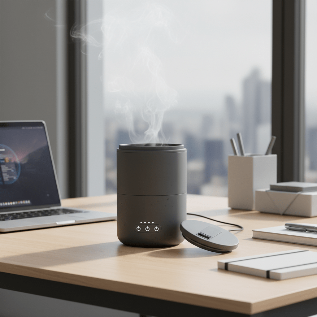 Sleek USB-C soup warmer on a modern desk with laptop and stationery.