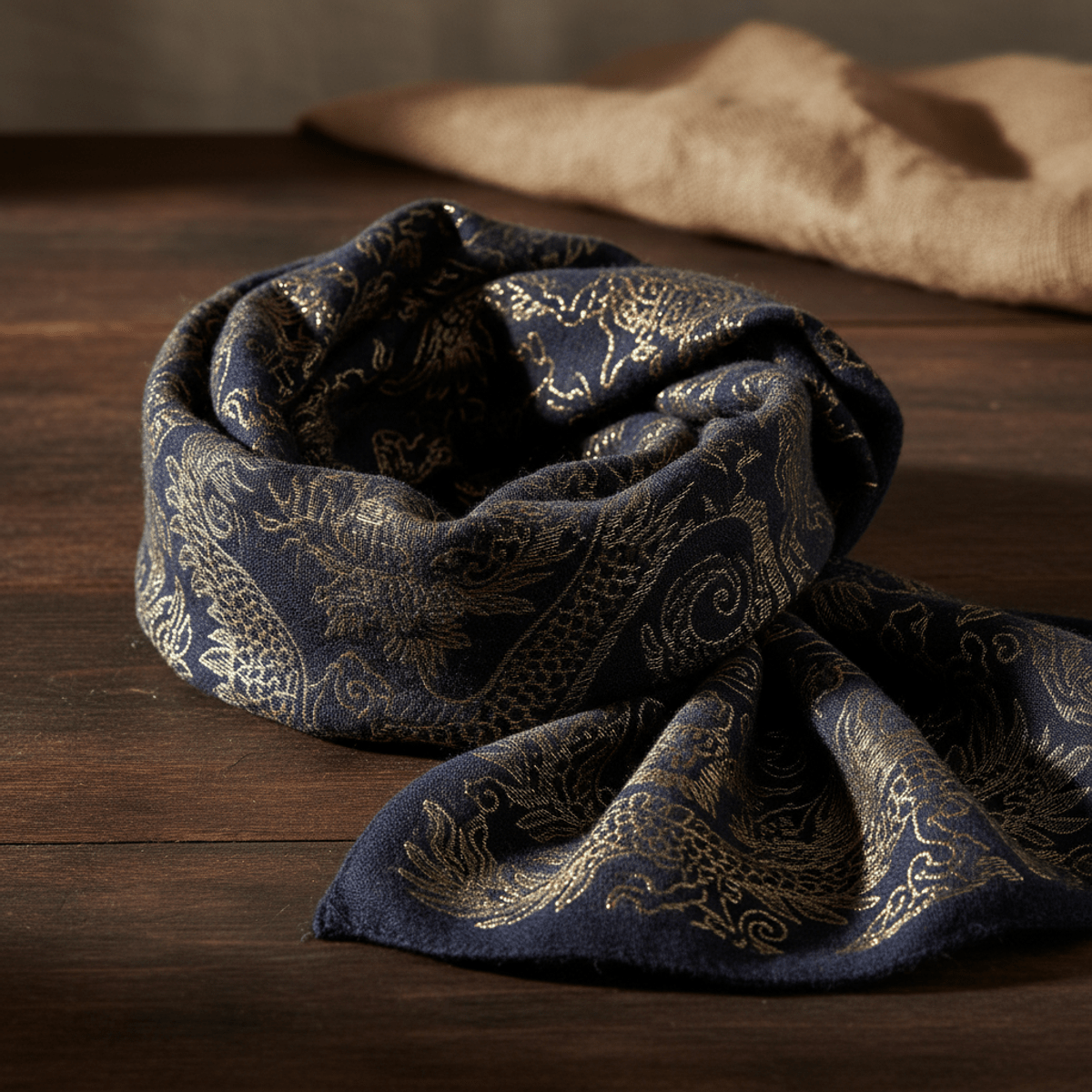 Bohemian animal print scarf with block-print dragons and phoenixes on charcoal fabric.