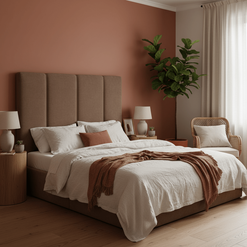 Master bedroom with terracotta walls and clove-brown headboard, organic cotton bedding.