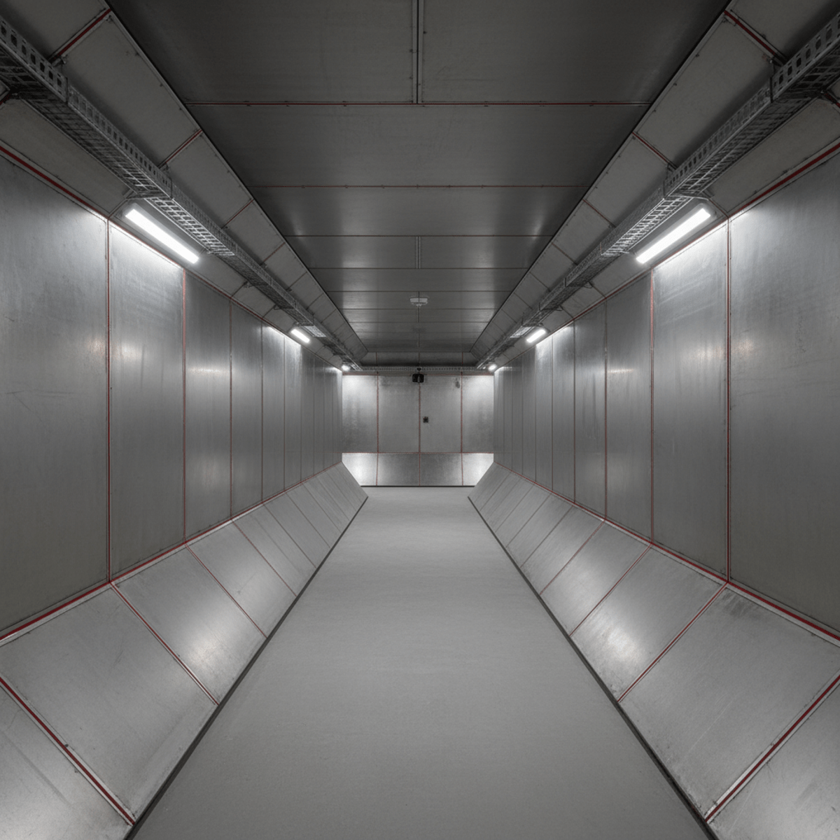 Minimalist underground bunker interior with raw steel walls and modular panels in 2026.