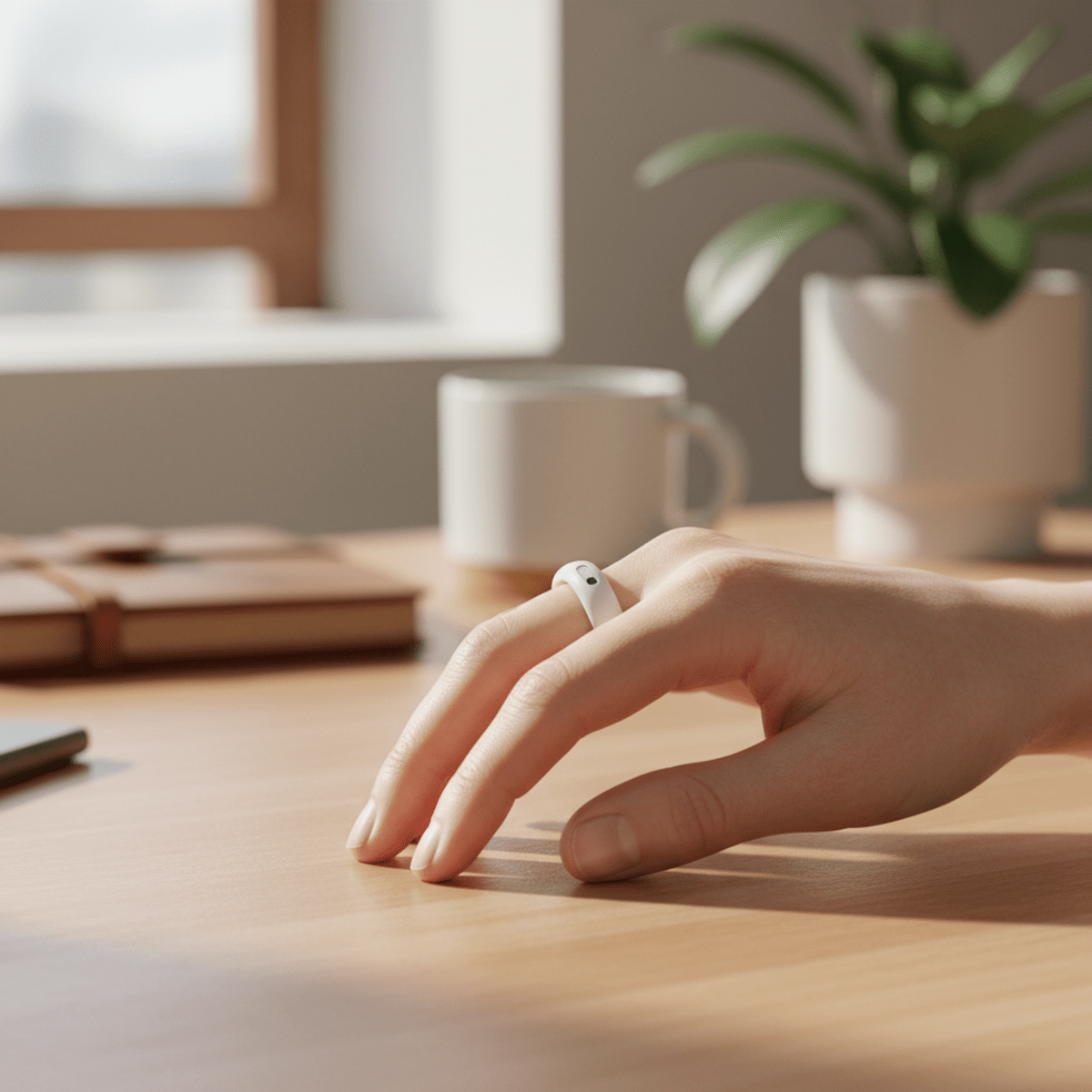 Matte white ceramic smart ring on a hand, showcasing advanced heart monitor technology.