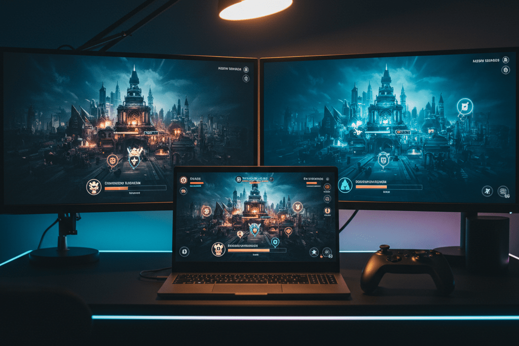 Medium shot of a nighttime gaming desk with laptop displaying cooperative PvE mission interface and wireless controller, lit by ambient desk lamp and monitor glow