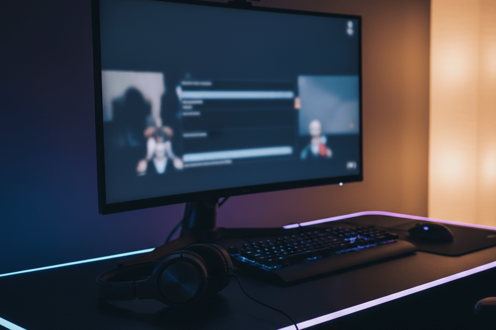 Medium shot of a nighttime gaming desk with ambient LED lighting, headphones, and keyboard, evoking cooperative PvE gameplay without showing screens or people