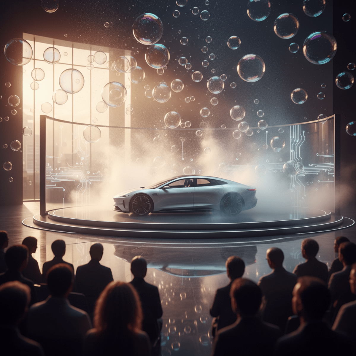 Futuristic concept car unveiled through luminous fog and golden light.