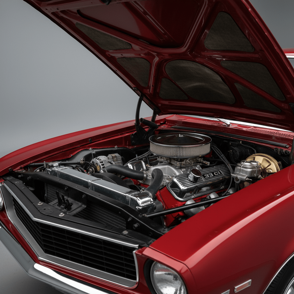 Meticulously restored classic red sports car with open hood, revealing engine details.
