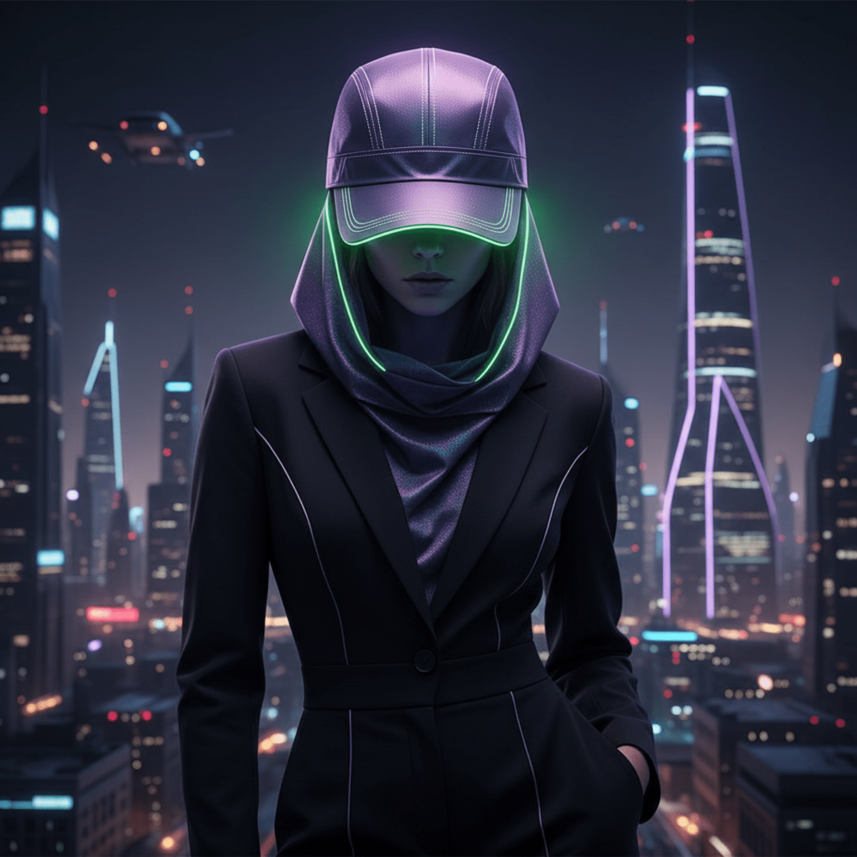 Futuristic cap with cosmic illumination against a glowing neon city skyline.