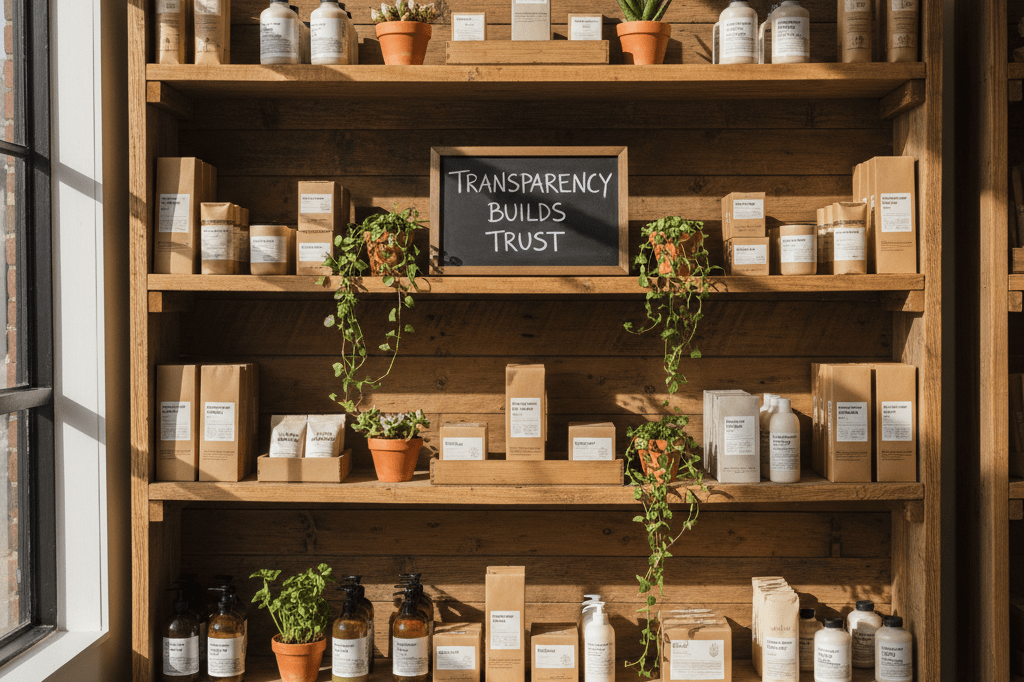 Stylish retail display emphasizing transparency and authenticity Artisanal products displayed on wooden shelves with soft natural lighting, highlighting genuine branding and eco-friendly appeal