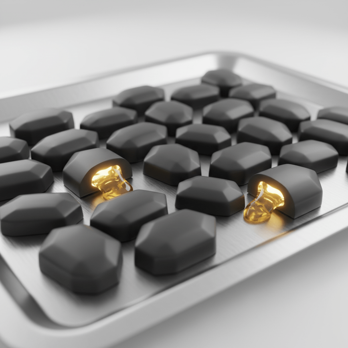 Futuristic teeth whitening gum arranged geometrically on a sleek metallic tray.
