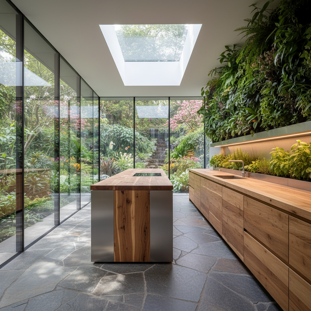 Modern kitchen with glass walls, herb garden, and slate flooring.