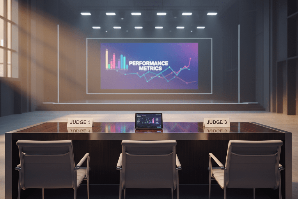 Modern judging panel setup in softly lit auditorium Empty judging panel with tablets and abstract metrics screens under warm ambient lighting in a talent competition setting