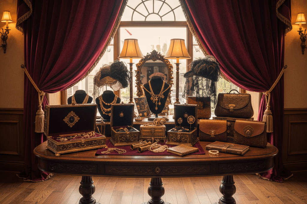 Luxury retail display with Victorian aesthetic elements Elegant retail setup showcasing luxury items with deep burgundy and gold accents under warm ambient lighting