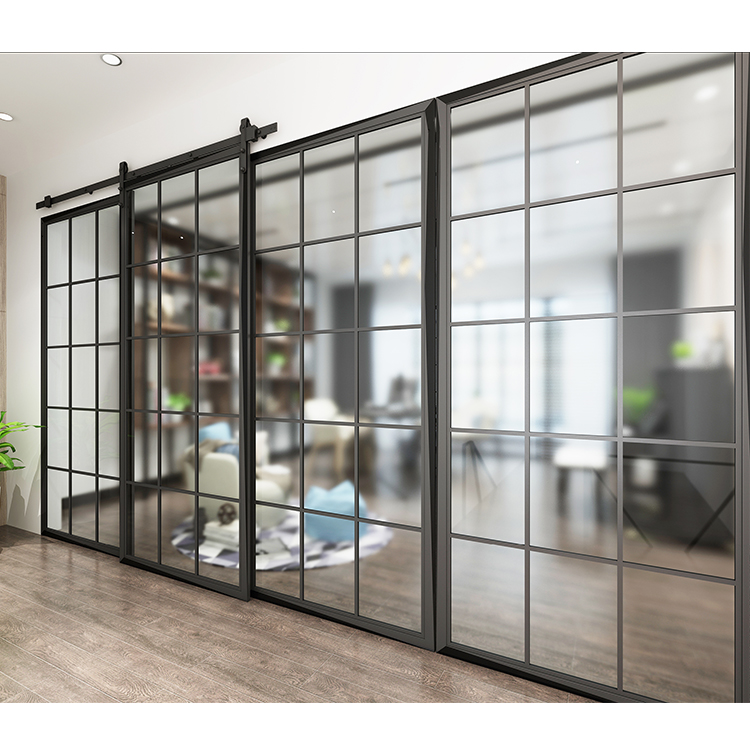 French Style Steel Iron Metal Glass Sliding Steel Door Black Framed Barn Door Panel with Barn Door Hardware Kit