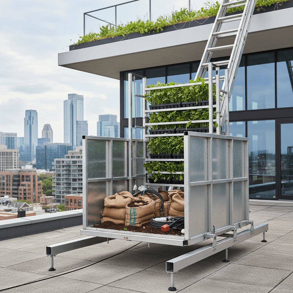 Rooftop hoist lifts lush plants and soil to a modern urban green roof.