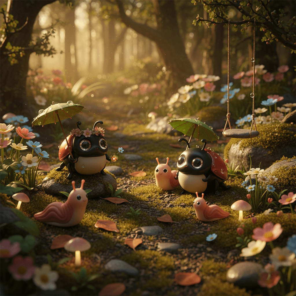 Charming beetles and slugs with sparkling eyes on a mossy forest floor.