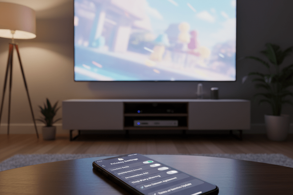 Close-up of phone showing privacy toggles near a TV with blurred anime content, symbolizing data concerns