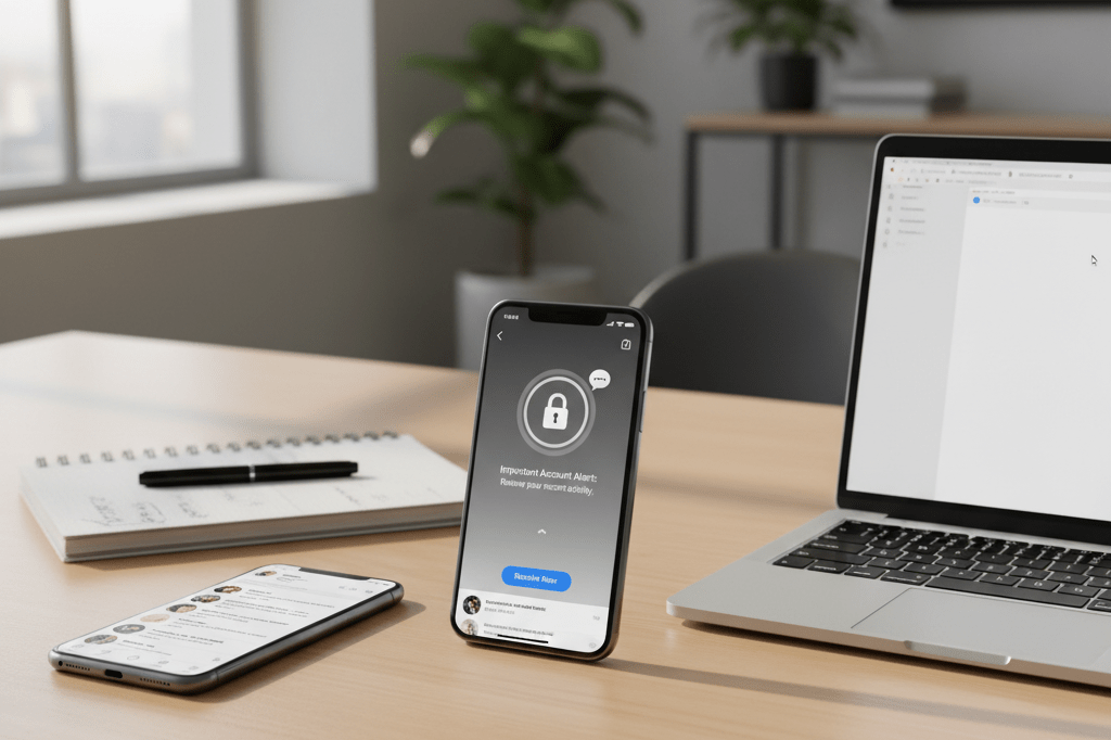 Office desk featuring smartphones and laptop under warm ambient light, symbolizing proactive social media policy planning