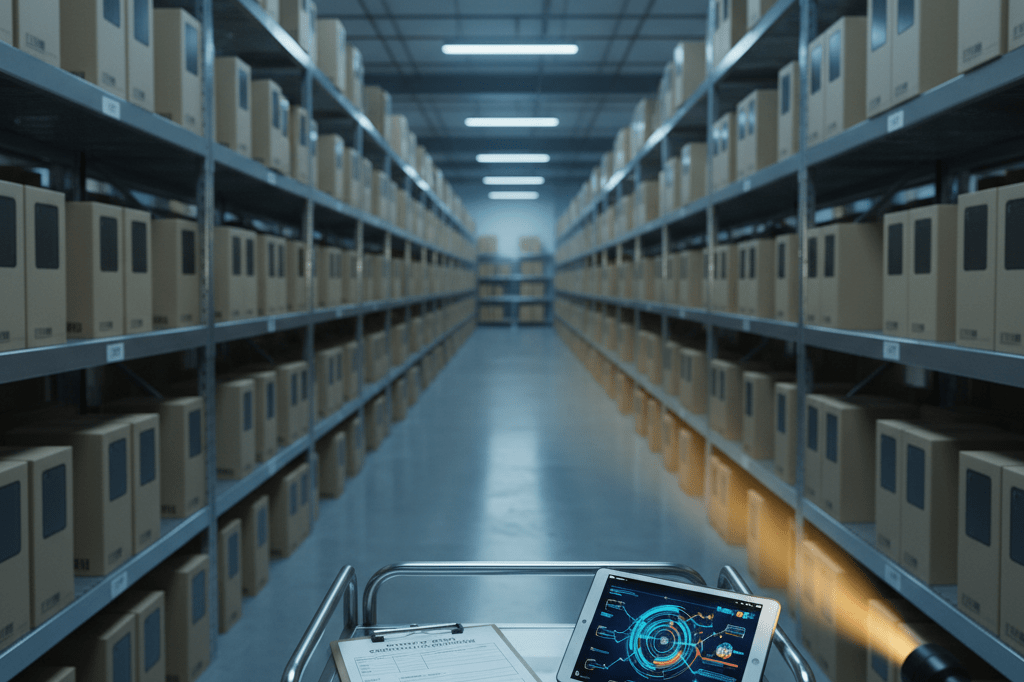Warehouse audit scene addressing mobile device security crisis Electronics warehouse shelves with phone boxes and security checklist under mixed lighting, symbolizing supply chain vulnerability management