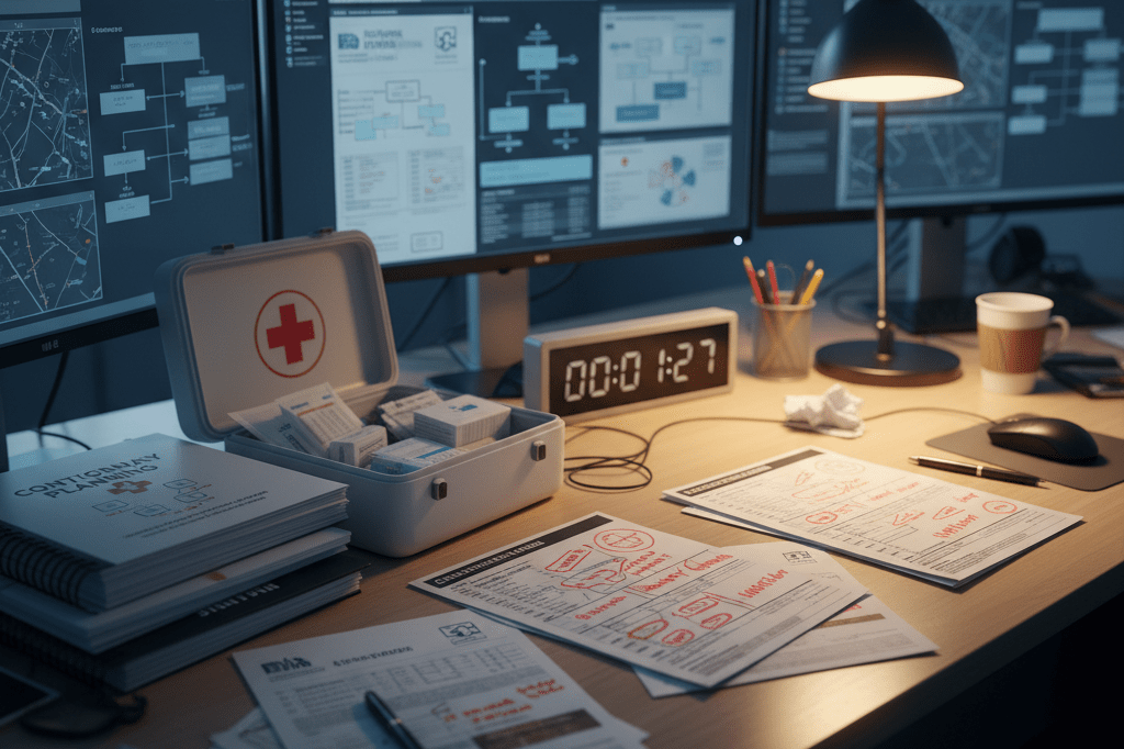 Cluttered operations desk with schedules and first aid kit under mixed lighting, symbolizing rapid crisis management